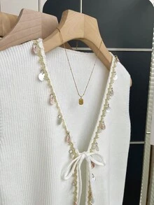 Franclia New Summer Beach Holiday Casual Vacation Bohemian Style Shell Beaded Trim V-Neck French Relaxed Vacation Sweet Element Relaxed Vacation Atmosphere Versatile Cardigan, High-End Design Sense, Elegant Ladies Cardigan - White - View 5