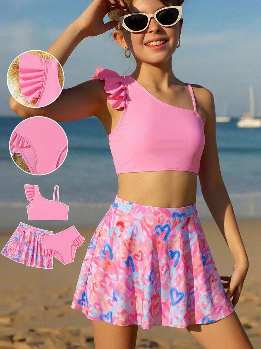 SHEIN 少女夏季度假沙滩荷叶边比基尼套装，含罩衫和裙子 - 粉色 - 查看 1