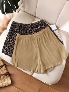 CosyJoli 2条装加大码女式夏季休闲度假豹纹和纯色褶皱弹力腰短裤 - 黃色 - 查看 6
