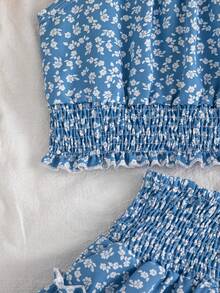 2pcs/Set Young Girls' Summer Blue Floral Print Off Shoulder Flutter Sleeve Shirt And Elastic Waist Ruffle Hem Skirt Casual Outfit - Blue - View 8