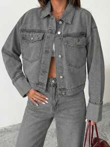 EURMUSE Dark Washed Denim Cropped Jacket And Straight Fit Jean Set - Light Grey - View 6