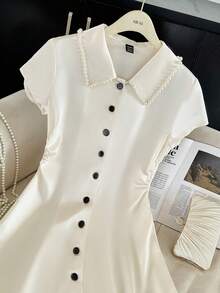 GlowEve 女士优雅纯色衬衫领铆钉荷叶边腰部细节修身黑色衬衫裙，配缎面装饰纽扣，短袖，夏季穿着 - 杏色 - 查看 8