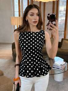 Chiquease 女士波点船领荷叶边下摆时尚百搭无袖上衣，适合度假和派对穿着 - 黑色 - 查看 2