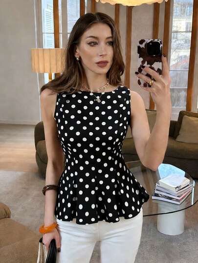 Pariaura Women's Polka Dot Boat Neck Ruffle Hem Fashionable Versatile Sleeveless Blouse, Suitable For Vacation And Party