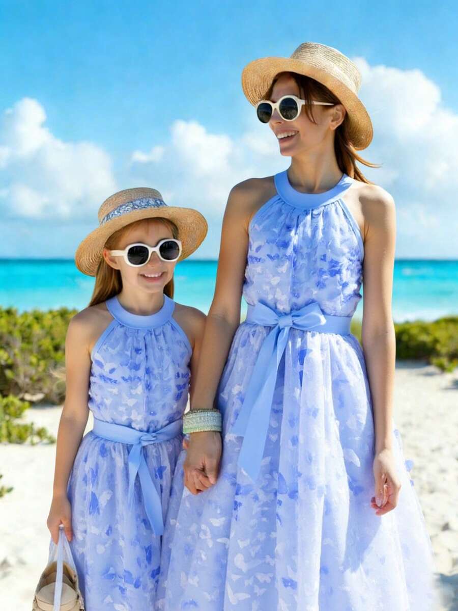 Sparklyn Teen Girl 3D Flower & Butterfly Decor Halter Neck Dress, For Party, Birthday, Wedding, Spring/Summer