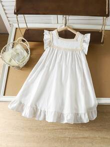 SHEIN Young Girls Floral Embroidered Square Neck Ruffle Hem Dress,Holiday,Summer, Travel - White - View 2