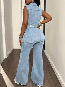 DAZY 春夏浪漫设计宽松休闲通勤优雅蓝色无袖衬衫和直筒牛仔裤女式两件套 - 藍色 - 查看 2