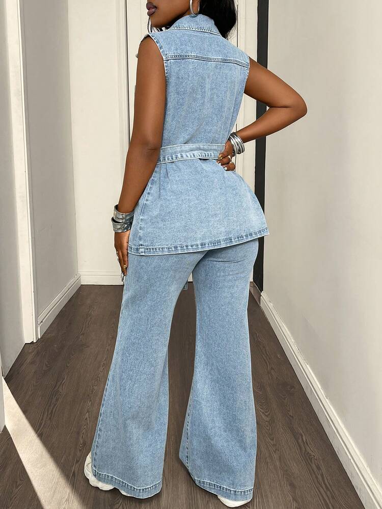 Spring/Summer Romantic Design Loose Casual Commute Elegant Blue Sleeveless Shirt And Straight Leg Jeans Women 2-Piece Set