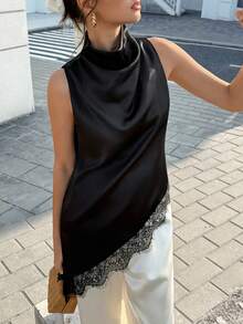 Cévolie Women's Elegant Commuter Solid Color Lace Patchwork Sleeveless Top - Black - View 6