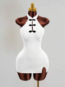 Mistrie Women's Sexy Bodycon Halter Neck Dress With Side Slit And Button Detail - White - View 4