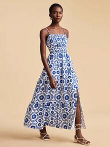 Travachic Women's Summer Bohemian Vacation Floral Print High Slit Waist Cinched Maxi Cami Dress - Multicolor - View 1