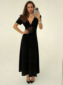 Rafferiza 女士优雅A字撞色蕾丝镂空短袖迷你连衣裙，性感派对礼服，适合优雅派对、新年派对、毕业舞会、角色扮演等场合。 - 黑色 - 查看 2