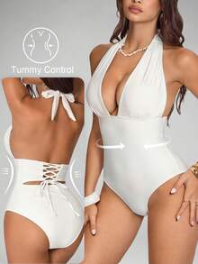 Shapewave 1件装女士象牙白香槟色露背系带褶皱优雅修身连体泳衣，沙滩度假 - 米色 - 查看 3