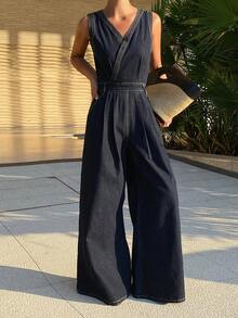 Livesso Women's Sleeveless V-Neck Waist Cinched Denim Jumpsuit - Blue - View 5