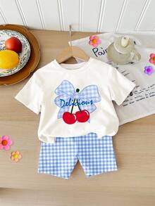 SHEIN Happikins Girl Casual Minimalist Short Sleeve Top & Shorts 2 Pieces Set, Suitable For Summer - Multicolor - View 3