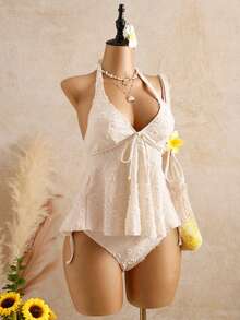 Bellisia Top de bikini de camisola de tela texturizada con lunares, traje de baño vintage con conchas, traje de baño de encaje, traje de baño nupcial, traje de baño color crema - Beis - Ver 5