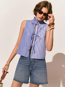 Poéselle 女士条纹前系带荷叶边立领时尚吊带背心 - 藍色 - 查看 7