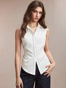 BizChic Áo sơ mi nữ không tay, cổ bẻ, cài khuy trước, một hàng cúc, màu trắng tinh khôi, kiểu dáng xuân/hè, có dây buộc ren ở eo, có thể điều chỉnh độ rộng, phù hợp cho mọi dịp, thanh lịch cho công sở và mặc hàng ngày. - trắng - Xem 3