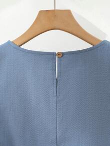 SHEIN Franclia 女士褶裥无袖A字型棉质衬衫 - 藍色 - 查看 6