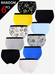 6pcs/Pack Teenage Boys' Minimalist Fashion Retro Cotton Colorful Smiling Face Print Comfortable Soft Assorted Color & Pattern Briefs - Multicolor - View 2