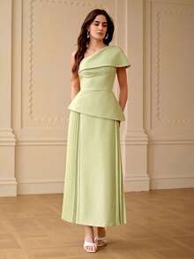 ZEYLAH Asymmetric Neck Waist Gathered Midi Dress, Spring/Summer - Mint Green - View 4