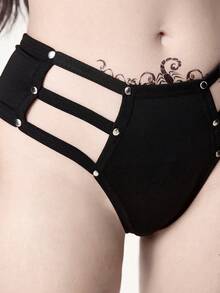 ROMWE Women's Gothic Style Milk Silk Rivet Sexy Thong Panties - Black - View 2