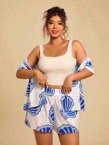 Travachic Bộ đồ đôi cỡ lớn dành cho nữ, phong cách nghỉ dưỡng nhiệt đới, boho, họa tiết vỏ sò, tay ngắn bất đối xứng và quần short đi biển, kiểu dáng boho. - Nhiều màu - Xem 5