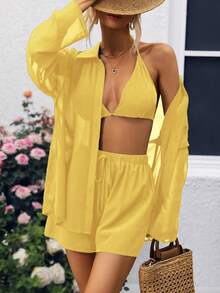 Selianne 3pcs Women's Mesh Front Opening Long Sleeve Set - Yellow - View 5