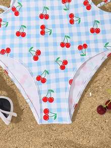 SHEIN 少女款，女童连体泳衣，可爱休闲，适合度假穿着，蓝色樱桃格子印花，针织面料，腰部镂空设计，双肩款式。时尚、休闲、精致、优雅、淑女范儿十足，适合游泳、暑假、海滩、海边、泳池、夏季派对和休闲活动。 - 彩色 - 查看 4