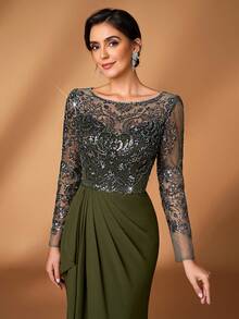 Serin Elegant Luxurious Pearl Sequin Embroidered Chiffon Ruffle Mermaid Hem Dress With Sheer Sleeves, Suitable For Wedding, Party, Holiday, Bridal, Mother Of The Bride Evening Gown - Army Green - View 5