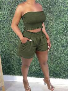 SHEIN Kỳ nghỉ hè dành cho nữ Quần short có túi và áo băng đô màu trơn Bộ 2 món thường ngày - màu xanh lá - Xem 5