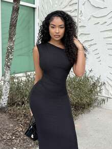 Alexandranx 女式纯黑色不对称肩部褶饰紧身连衣裙，夏季 - 黑色 - 查看 6