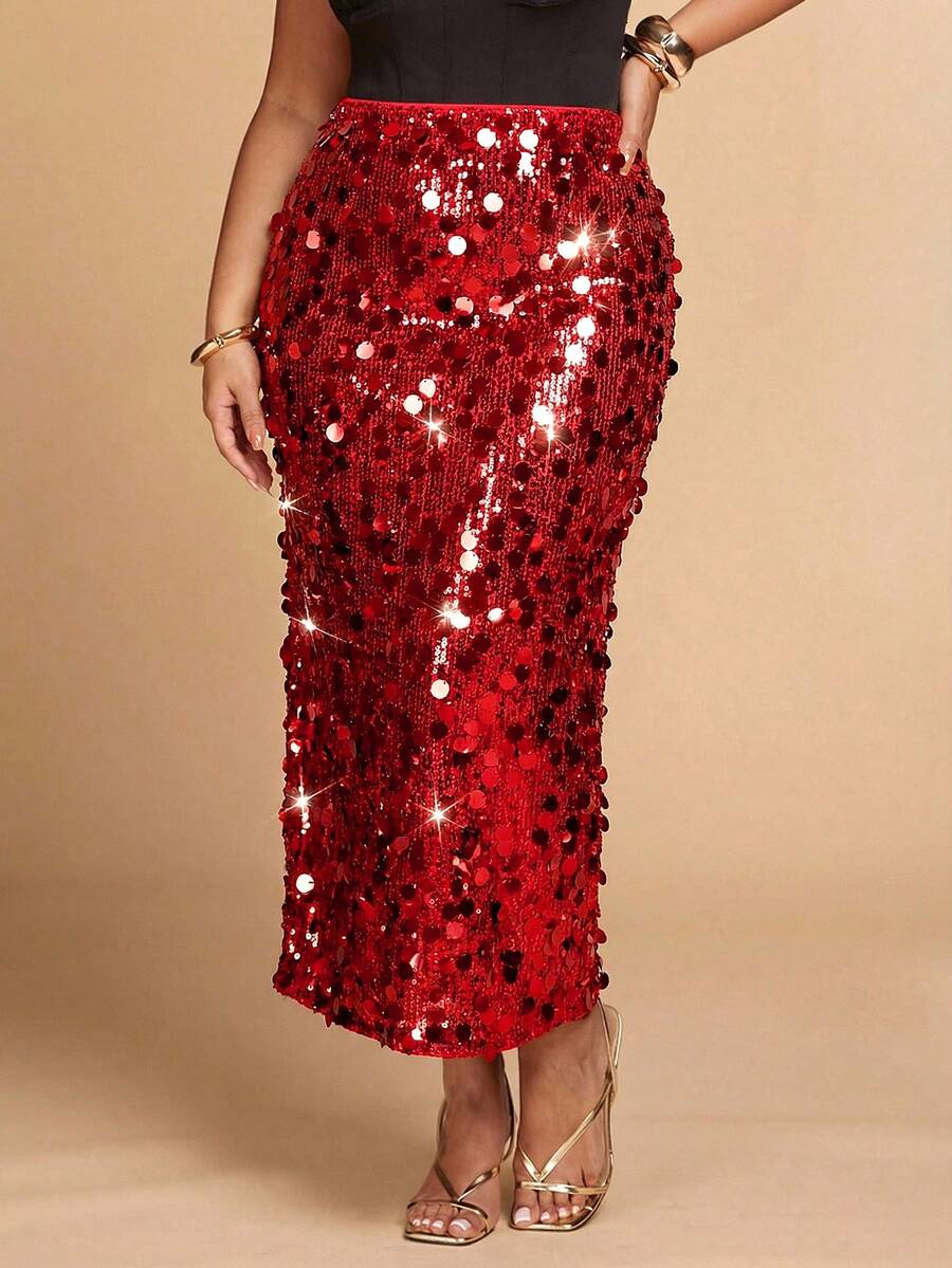 SHEIN BAE 大码女式时尚派对纯色亮片露背开衩裙 - 紅色 - 查看 1