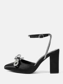 CUCCOO HITCHD Women's Rhinestone Bow Decor Pointed Toe Buckle Design Everyday Versatile Fashion High Heels Valentine's Day Elegant Shoes - Black - View 9