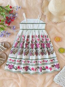 SHEIN 少女可爱碎花荷叶边短袖夏季度假连衣裙 - 白色 - 查看 6