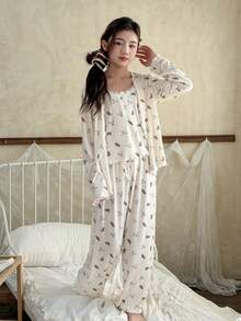 DAZY 少女卡通熊印花长袖睡袍、吊带背心和裤子睡衣套装 春季 - 杏色 - 查看 4