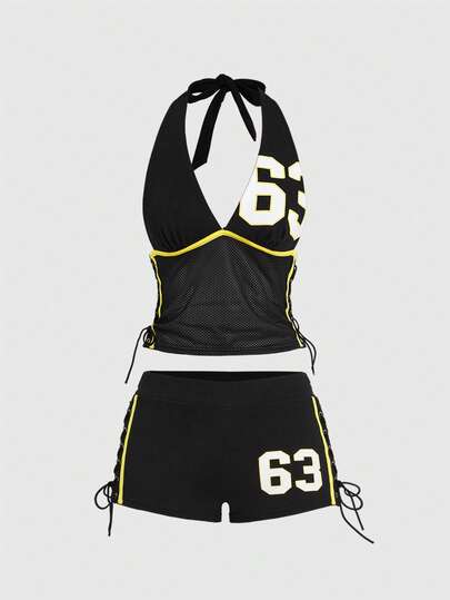 ROMWE Grunge Punk 2pcs/Set Sports Style Racerback Tank Top And Super Low-Rise Shorts For Women