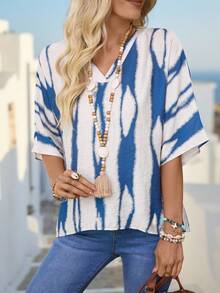 SHEIN Holidaya V-Neck Loose Casual Vacation Blouse For Women - Blue - View 2