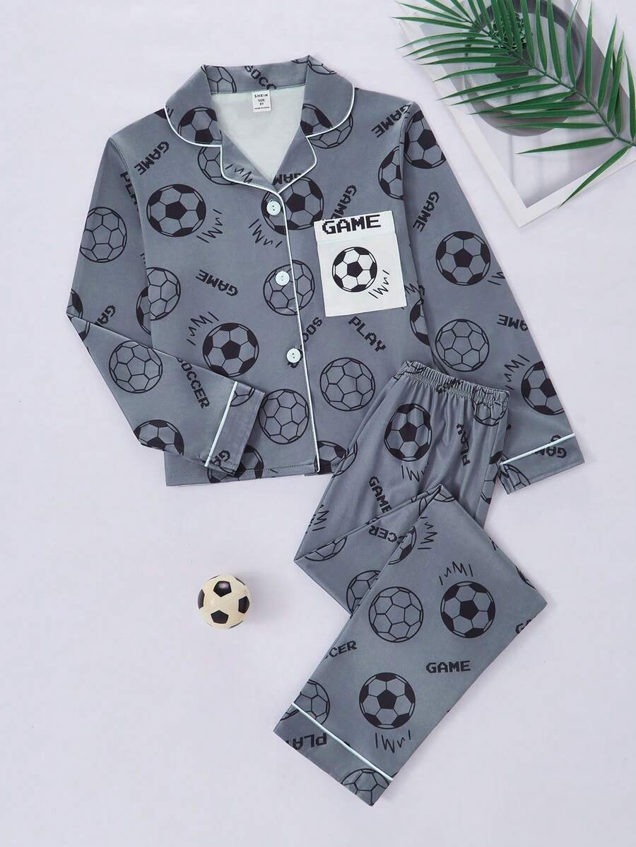 Boys' Panda Print Button-Front Long Sleeve Top And Pants Comfortable Pajama Set - Grey - View 1