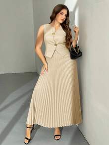 Firerie 大码优雅通勤纯色背心百褶裙两件套，夏季 - 杏色 - 查看 4