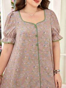 SHEIN Lacomfia 大码女式方领泡泡袖宽松舒适浪漫碎花连衣裙 - 彩色 - 查看 5