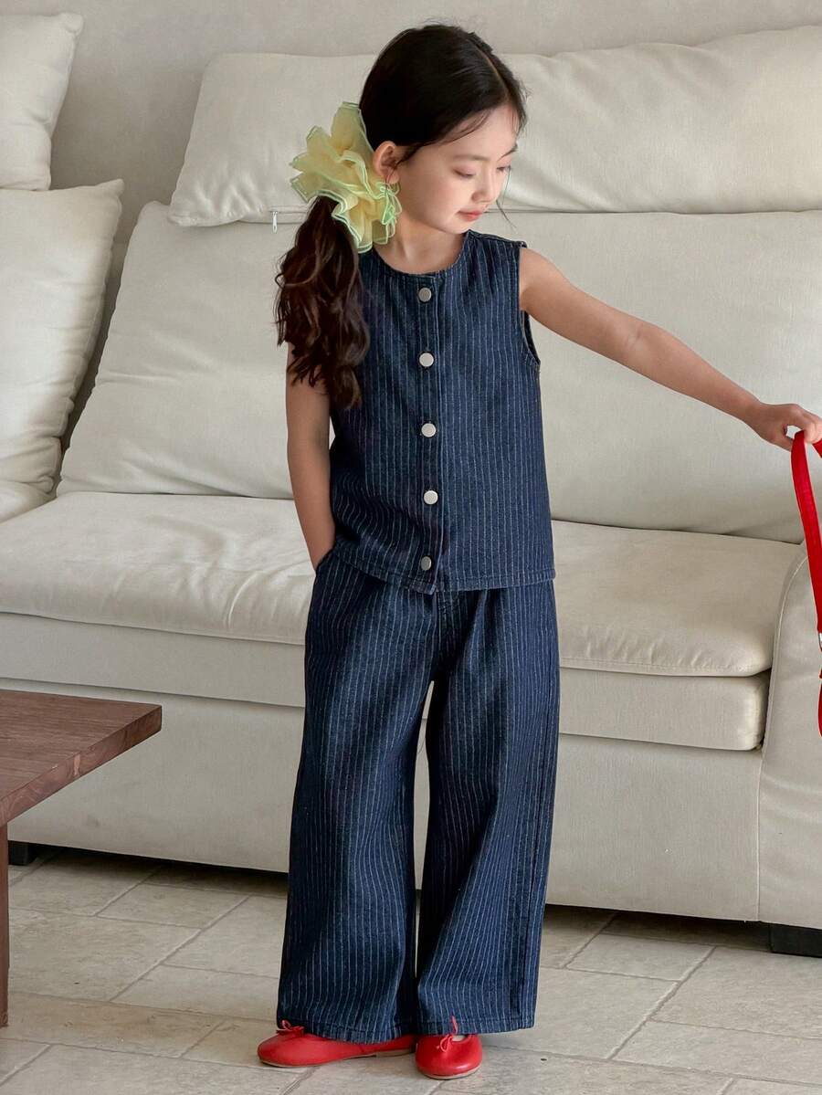 DAZY 女童夏季休闲条纹纽扣牛仔背心和牛仔裤套装 - 藍色 - 查看 1