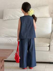 DAZY 女童夏季休闲条纹纽扣牛仔背心和牛仔裤套装 - 藍色 - 查看 2