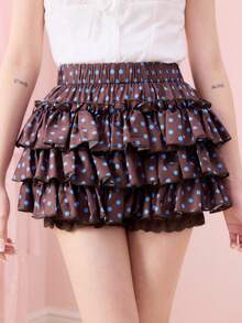 ROMWE Kawaii Quần short nữ phối ren chấm bi tương phản màu, cạp chun, điểm nhấn bèo nhún đáng yêu. - màu nâu - Xem 4