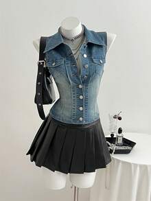 Elamini 女士休闲前扣无袖牛仔衬衫，夏季 - 淺色水洗藍 - 查看 4