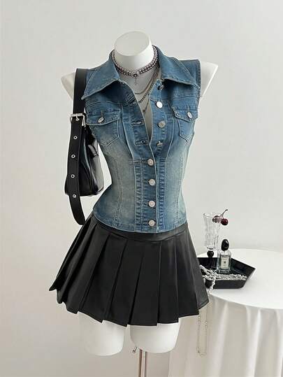 Elamini 女士休闲前扣无袖牛仔衬衫，夏季