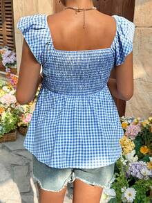 SHEIN 孕妇度假款甜心领前系带短袖格子衬衫 - 藍白色 - 查看 2