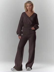 MUSERA 柔软罗纹钩编针织交叉细节收腰长袖上衣，秋季舒适可爱休闲咖啡俱乐部冬季优雅晚宴派对新年必备 - 巧克力棕 - 查看 3