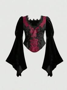 ROMWE Goth Top Elegante Vintage com Mangas Sino e Estampa Jacquard Bicolor para Mulheres Plus Size - Multicolorido - Visão 1
