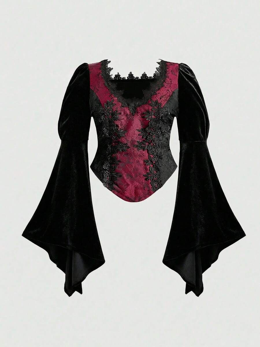 ROMWE Goth Top Elegante Vintage com Mangas Sino e Estampa Jacquard Bicolor para Mulheres Plus Size - Multicolorido - Visão 1